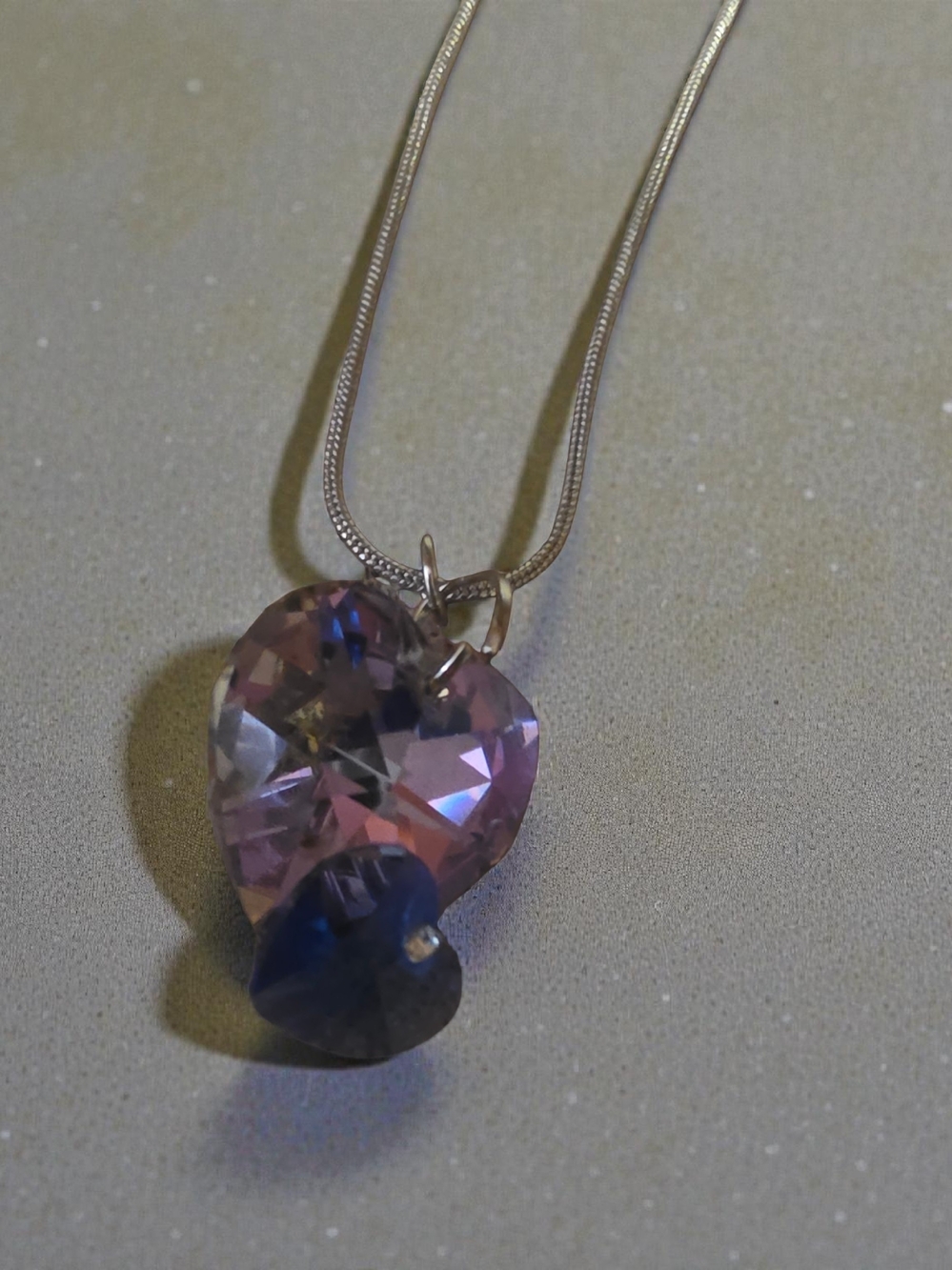 Double Crystal Heart Pendant Silver Tone Snake Chain Necklace